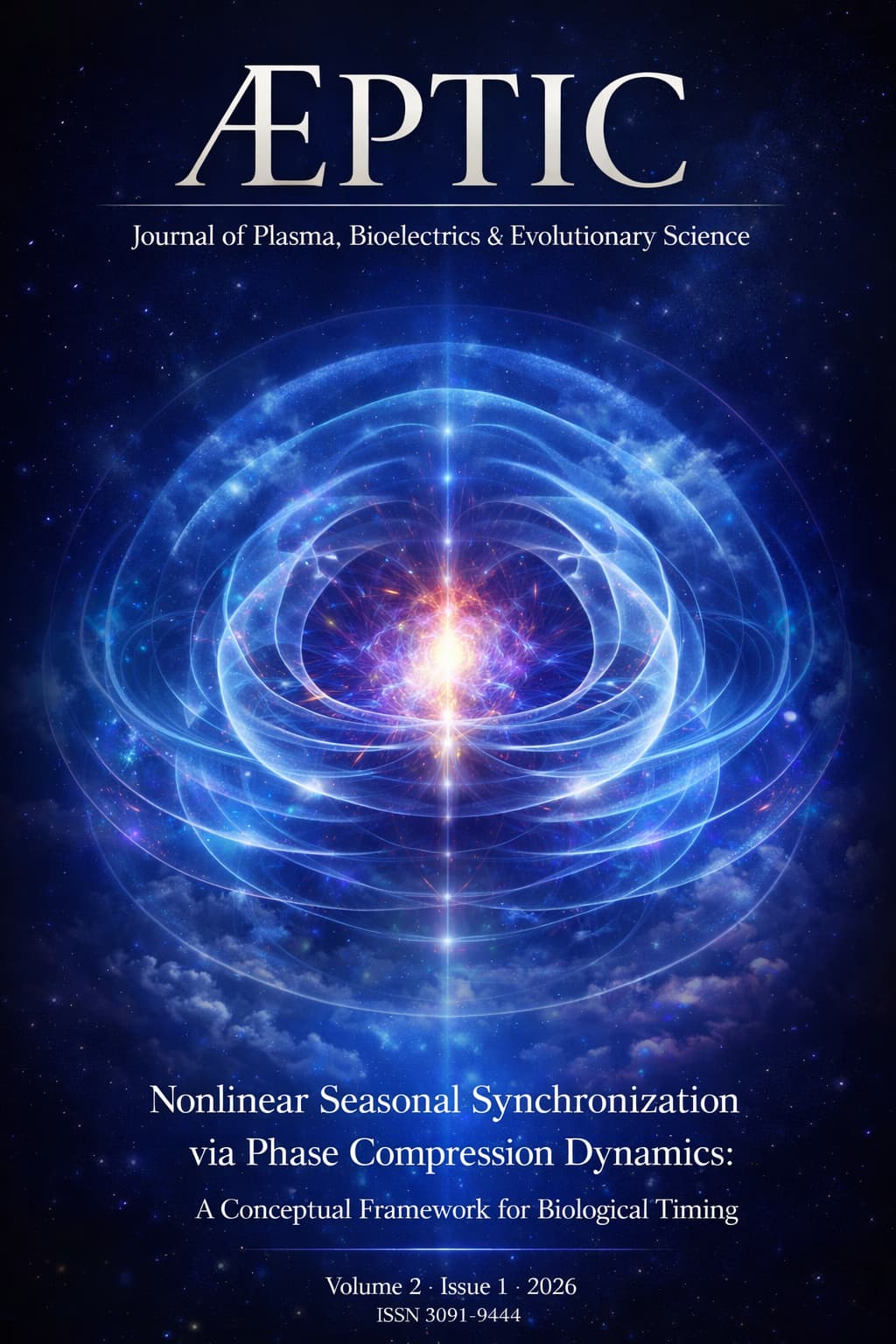 Conceptual visualization of seasonal phase compression dynamics showing layered environmental and biological fields transitioning from a compressed latent state to synchronized activation.